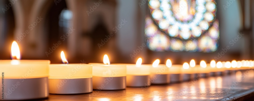 A tranquil scene of lit candles in a church, creating a serene atmosphere with soft light and a stained glass backdrop. A tranquil scene of lit candles in a church, creating a serene atmosphere with soft light and a stained glass backdrop.