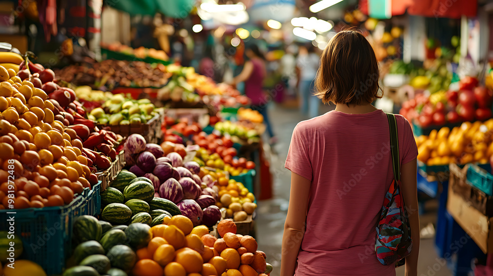 Obraz premium A woman walking through vibrant market filled with fresh fruits, including oranges, watermelons, and various colorful produce. lively atmosphere evokes sense of exploration and enjoyment