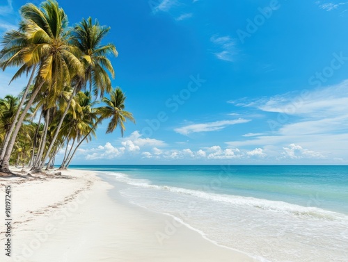 Wallpaper Mural A tranquil beach scene featuring golden sand, clear water, and tropical palm trees under a bright blue sky. Torontodigital.ca