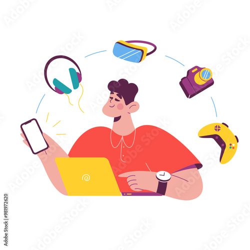 Man with laptop using different devices