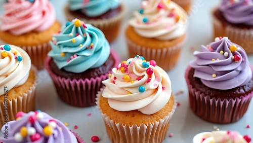 Beautifully decorated cupcakes with frosting and sprinkles, offering a delightful and colorful treat. Perfect for dessert content, showcasing creative and tasty confections.