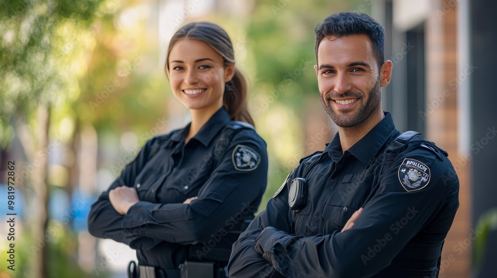 In a vibrant urban setting, a happy police team stands confidently with their arms crossed, embodying a strong sense of unity and purpose. The officers, a diverse group of men and women, exude pride. In a vibrant urban setting, a happy police team stands confidently with their arms crossed, embodying a strong sense of unity and purpose. The officers, a diverse group of men and women, exude pride.