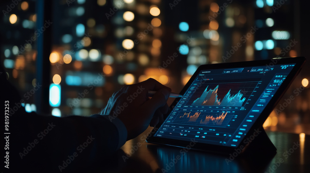 In a dimly lit office, a businessman intently analyzes stock market trends on his tablet. The glow from the screen illuminates his focused expression as he navigates through various graphs and charts. In a dimly lit office, a businessman intently analyzes stock market trends on his tablet. The glow from the screen illuminates his focused expression as he navigates through various graphs and charts.