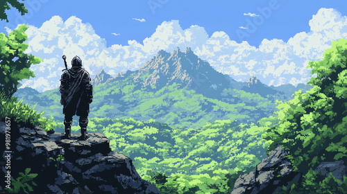 2d pixel art of knight in the green mountain and hill landscape, blue sky, 16 bit, 32 bit, game art	
