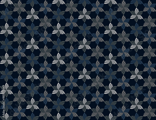 Seamless pattern with abstract six petal flowers in blue gray n light on dark blue background. Vector illustration. For masculine shirt lady dress casual textile cloth print wallpaper cover decoration