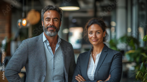 A confident man and woman in business attire pose in an office setting.