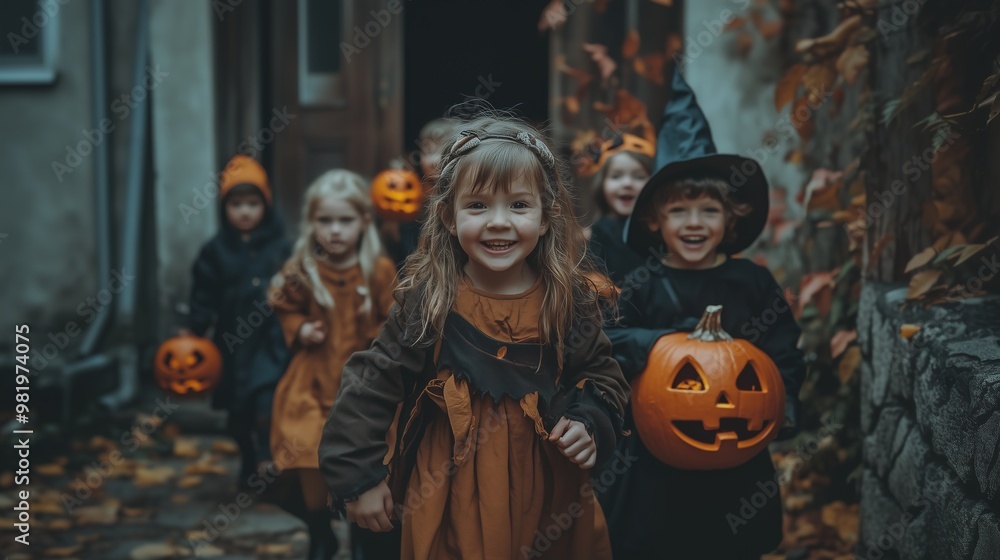 group of child in Halloween clothes, in the background the door of the house is decorated for Halloween group of child in Halloween clothes, in the background the door of the house is decorated for Halloween