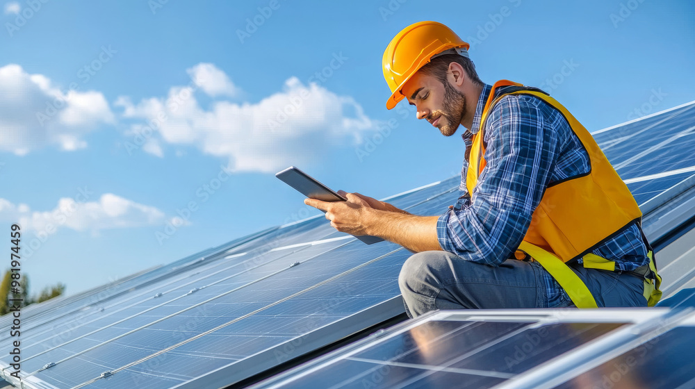 An engineer or contractor is on a rooftop, carefully measuring solar panels as part of an installation project. Dressed in safety gear, including a hard hat and harness, they hold a tablet in one hand An engineer or contractor is on a rooftop, carefully measuring solar panels as part of an installation project. Dressed in safety gear, including a hard hat and harness, they hold a tablet in one hand