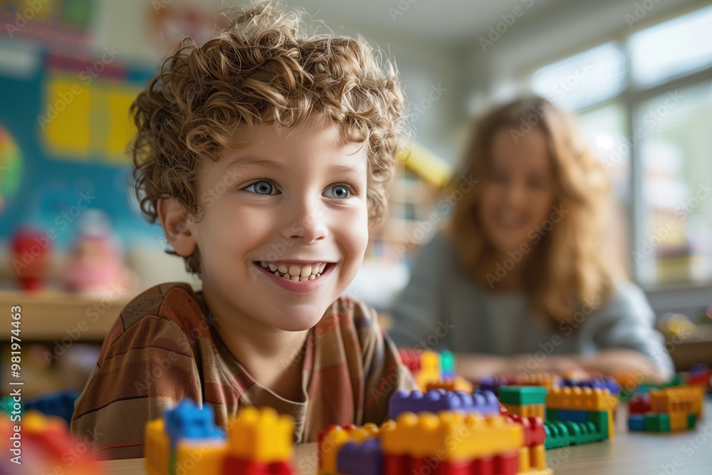 Portrait of a child with autism working with a therapist during a session, both smiling and interacting positively. The therapy room is welcoming and filled with educational tools.