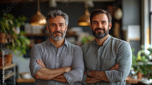 Two men stand with arms crossed in a casual setting.