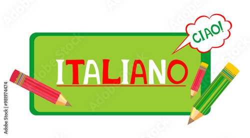 Italiano.  Сiao. Translate:"Italian.  Hello". Website Banner. Vector Illustration for book, dictionary, vocabulary, speaking, reading, writing, listening skills. Online lesson for pupils and students.