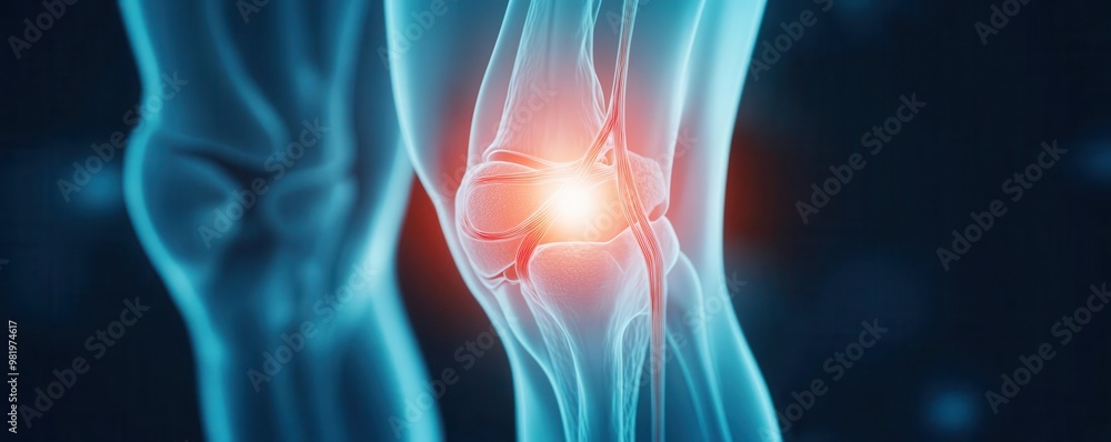 Close-up of a knee joint with highlighted ligaments, showing the ongoing medical repair procedure Close-up of a knee joint with highlighted ligaments, showing the ongoing medical repair procedure