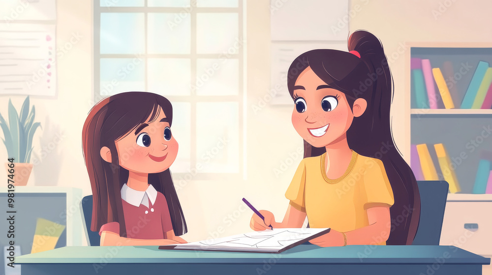 A teacher is actively engaged in helping a young girl in a colorful classroom setting. The teacher, with a warm smile, leans over to assist the girl as she writes in her notebook. A teacher is actively engaged in helping a young girl in a colorful classroom setting. The teacher, with a warm smile, leans over to assist the girl as she writes in her notebook.