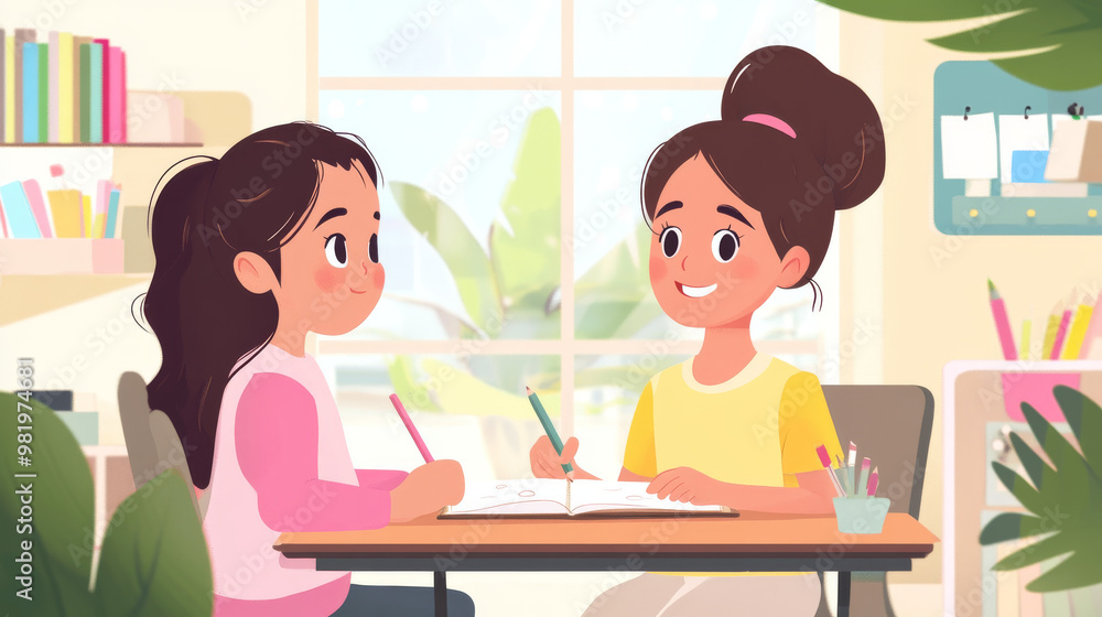 A teacher is actively engaged in helping a young girl in a colorful classroom setting. The teacher, with a warm smile, leans over to assist the girl as she writes in her notebook. A teacher is actively engaged in helping a young girl in a colorful classroom setting. The teacher, with a warm smile, leans over to assist the girl as she writes in her notebook.