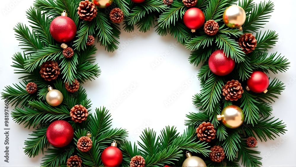 A Christmas wreath with green pine branches, red and gold ornaments, and pinecones on a white background A Christmas wreath with green pine branches, red and gold ornaments, and pinecones on a white background