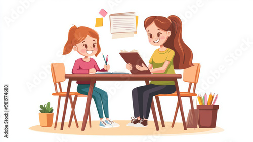 A teacher is actively engaged in helping a young girl in a colorful classroom setting. The teacher, with a warm smile, leans over to assist the girl as she writes in her notebook. 