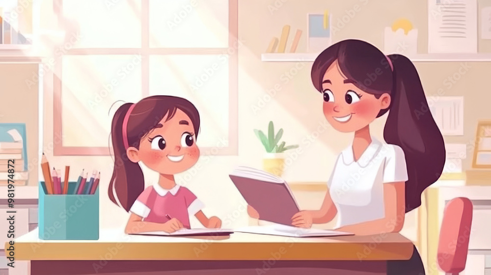 A teacher is actively engaged in helping a young girl in a colorful classroom setting. The teacher, with a warm smile, leans over to assist the girl as she writes in her notebook. A teacher is actively engaged in helping a young girl in a colorful classroom setting. The teacher, with a warm smile, leans over to assist the girl as she writes in her notebook.
