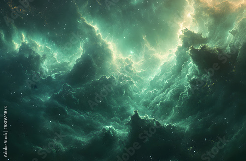 “Cinematic Still of a Green Dust Explosion in Space with Stellar Background” 