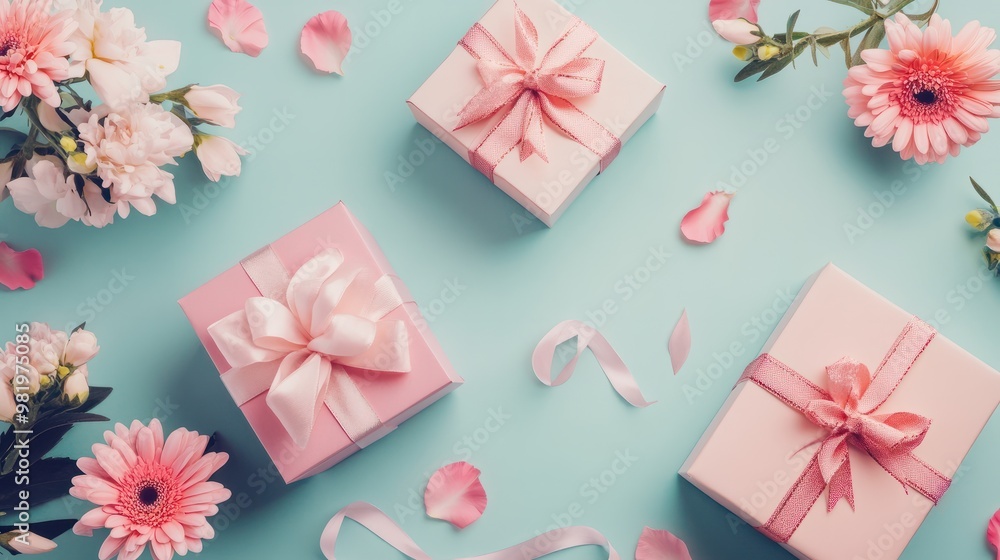 Top view concept photo of woman's day composition gift boxes with bows ribbon flowers on isolated pastel background with copyspace for text transparent background Top view concept photo of woman's day composition gift boxes with bows ribbon flowers on isolated pastel background with copyspace for text transparent background