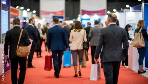 Blurred rear view of people browsing booths at an exhibition.