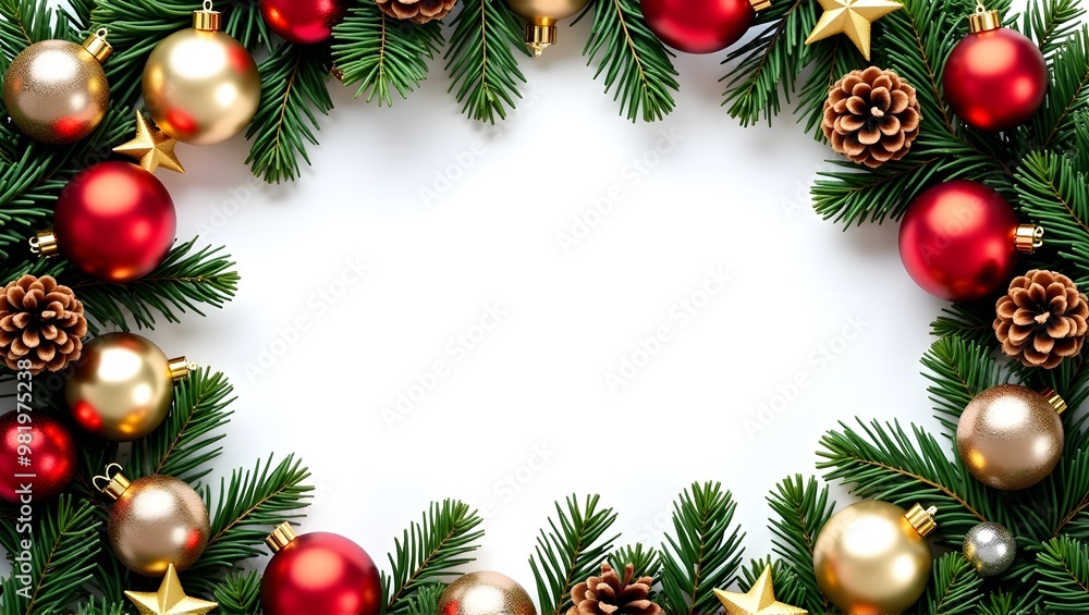 A Christmas wreath with pine branches, red and gold ornaments, pinecones, and golden stars framing a white background A Christmas wreath with pine branches, red and gold ornaments, pinecones, and golden stars framing a white background