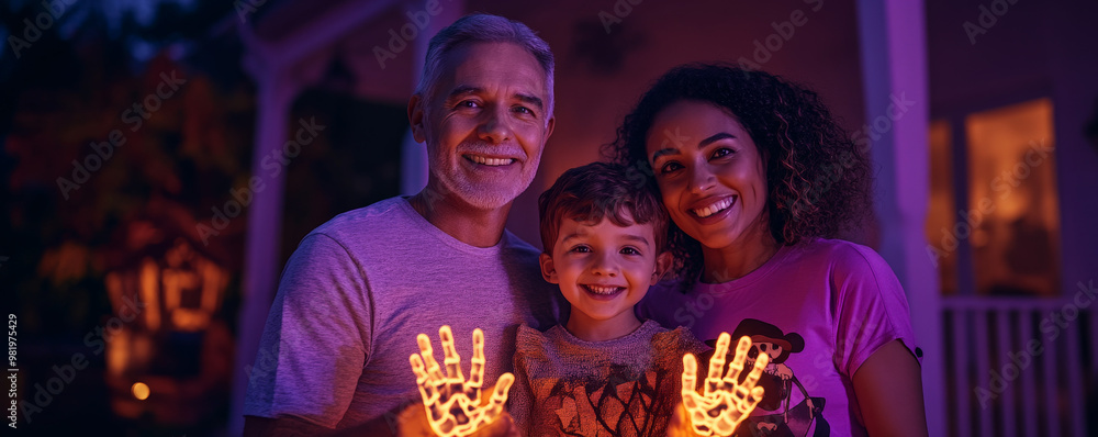 Sunset Halloween Celebration for Family Holding Skeleton Hands at Haunted House

