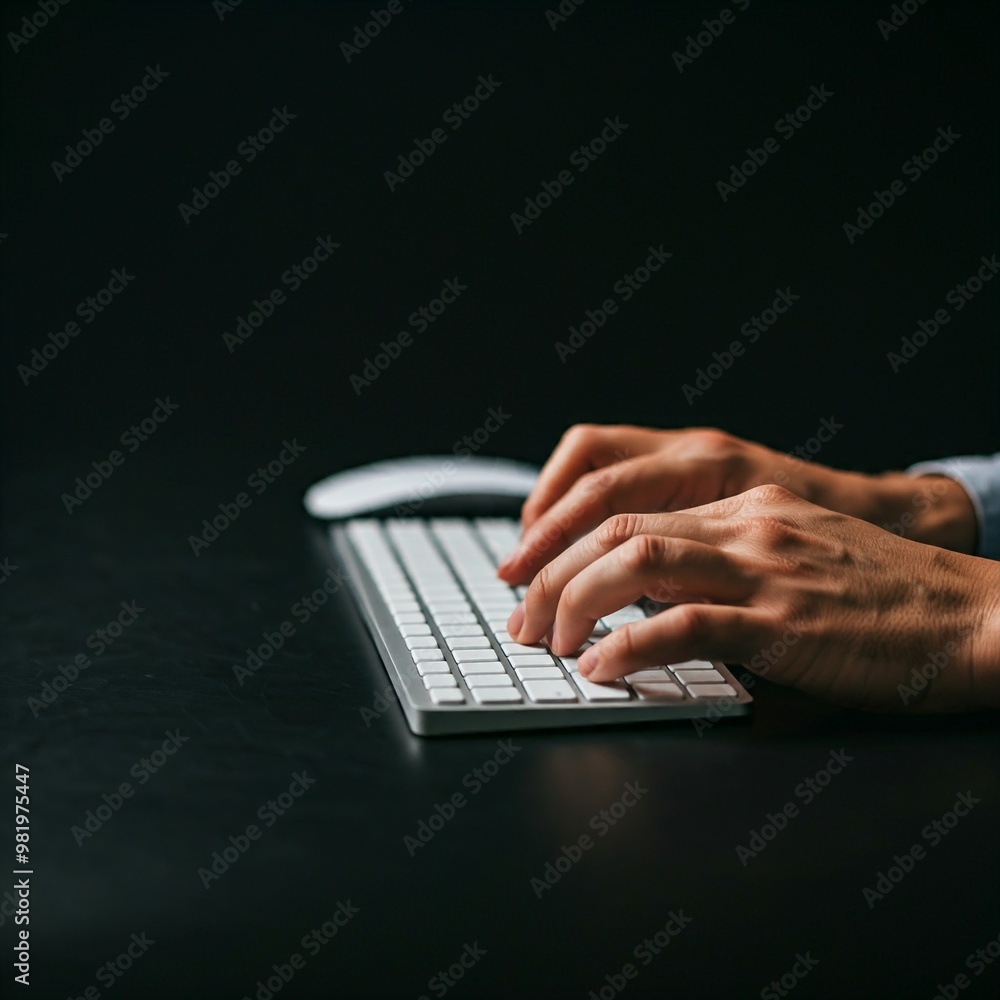 A pair of hands typing on a white keyboard against a black background, with a white mouse beside it. A pair of hands typing on a white keyboard against a black background, with a white mouse beside it.