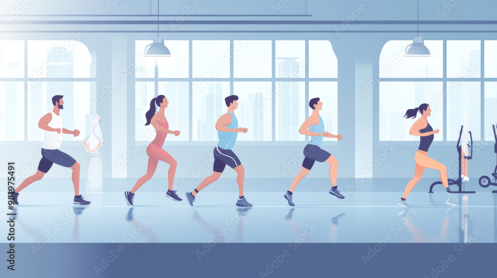 A group of individuals is engaged in a fitness workout at the gym, performing lunges to enhance their leg strength. Each person displays determination and focus, showcasing strong body posture as they A group of individuals is engaged in a fitness workout at the gym, performing lunges to enhance their leg strength. Each person displays determination and focus, showcasing strong body posture as they