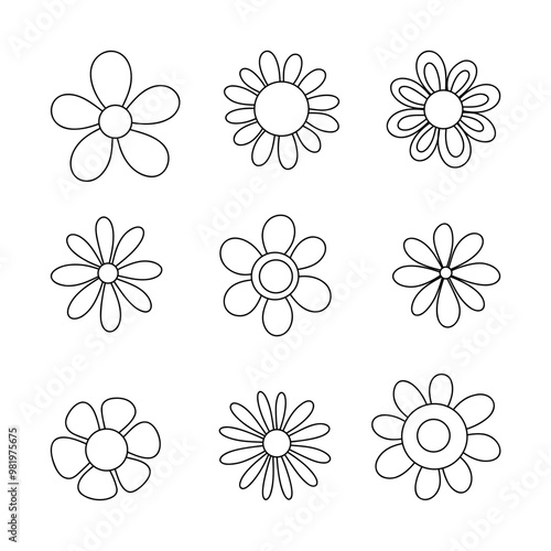 A set of isolated abstract chamomile flowers. Linear graphic black and white drawn outline of a flower. A decorative beautiful element for coloring, celebration, decoration, design, decoration.