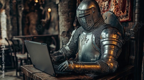 A medieval knight in full armor using a laptop computer