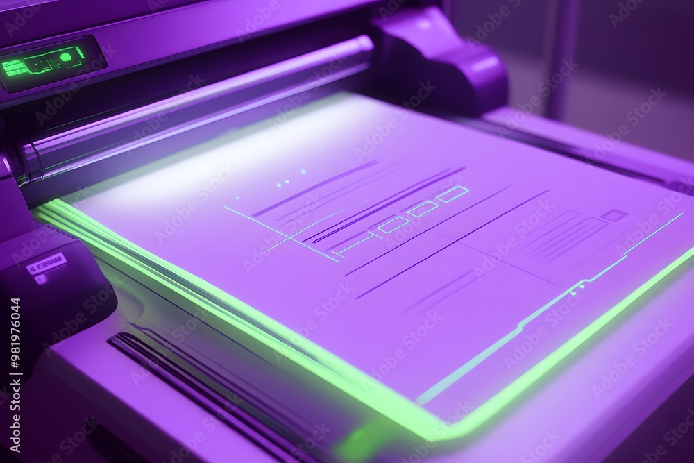 A neon purple printer with glowing green buttons A neon purple printer with glowing green buttons