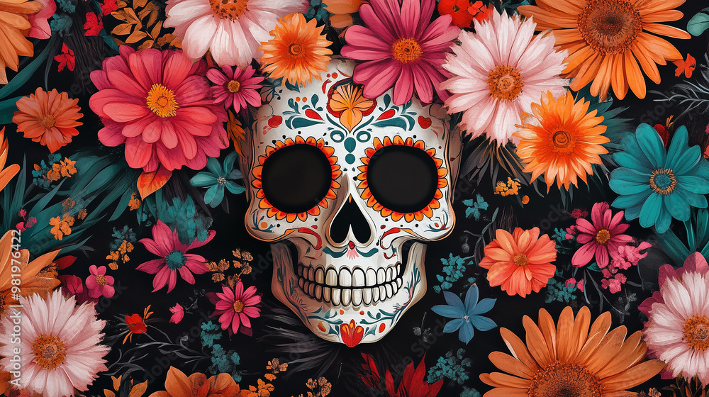 This captivating image features a sugar skull, adorned with intricate patterns and bright colors, nestled amidst a vibrant array of flowers. This captivating image features a sugar skull, adorned with intricate patterns and bright colors, nestled amidst a vibrant array of flowers.