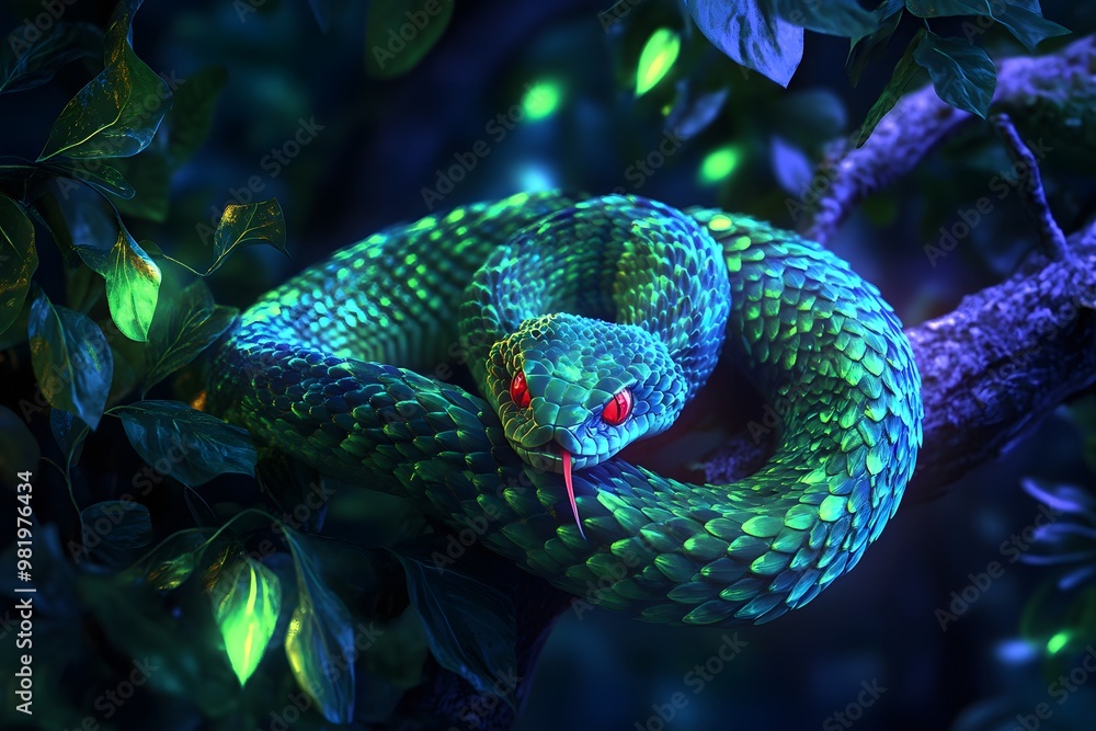 Obraz premium A neon snake, glowing in shades of green and blue, coils around a glowing tree branch. Its eyes glow bright red, and its scales shimmer with neon light, reflecting off the dark forest background