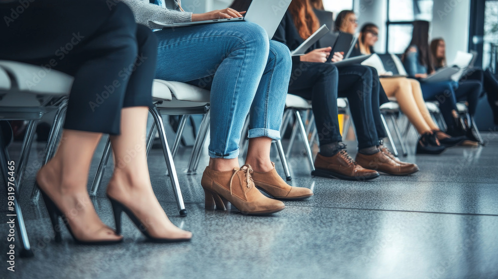 In a modern waiting room, business professionals sit in anticipation for their interviews, showcasing a diverse range of attire and styles. The focus shifts to their legs, clad in polished shoes and s In a modern waiting room, business professionals sit in anticipation for their interviews, showcasing a diverse range of attire and styles. The focus shifts to their legs, clad in polished shoes and s