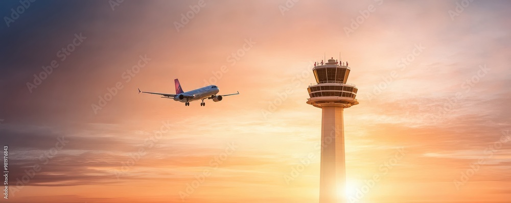 An aircraft approaches a control tower at sunset, showcasing the beauty of aviation and travel in a stunning sky. An aircraft approaches a control tower at sunset, showcasing the beauty of aviation and travel in a stunning sky.