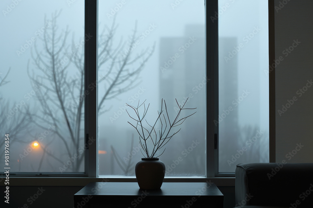 Foggy morning view through a living room window, where silhouettes of trees and distant buildings fade into the mist. Calm atmosphere of peaceful dawn in an urban setting. Serene living room interior. Foggy morning view through a living room window, where silhouettes of trees and distant buildings fade into the mist. Calm atmosphere of peaceful dawn in an urban setting. Serene living room interior.