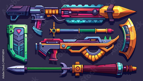 A collection of futuristic weapons, including futuristic guns, axes, and shields, set against a dark background, evokes a sense of sci-fi adventure and intergalactic combat
