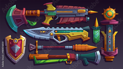 A collection of futuristic weapons, including futuristic guns, axes, and shields, set against a dark background, evokes a sense of sci-fi adventure and intergalactic combat