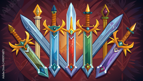 A set of stylized fantasy swords with unique designs and colorful accents, set against a dark background, evokes a sense of epic adventure and magical weaponry