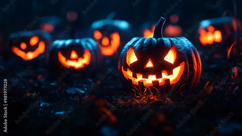 Naklejka premium Glowing jack-o'-lanterns create a spooky atmosphere in a dark pumpkin patch at Halloween night