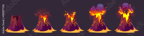 Animation stages of volcano erupt and explode with flowing lava and smoke cloud on sandy island. Cartoon vector set of process steps of volcanic eruption. Rock mountain with hot orange magma.