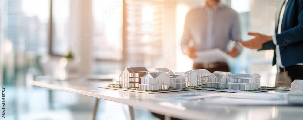 Architects discuss building plans with a miniature model on a table in a modern office environment, showcasing collaboration. Architects discuss building plans with a miniature model on a table in a modern office environment, showcasing collaboration.