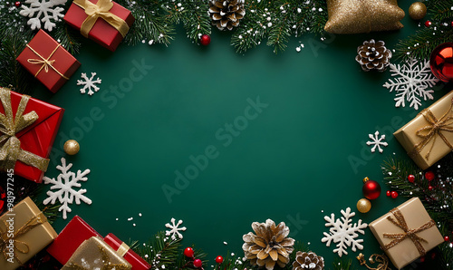 Christmas frame with gift boxes, holaday decorations and confetti on green background photo