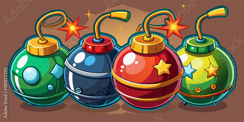 Four stylized cartoon bombs with lit fuses and sparkling stars, set against a dark green and blue background, create a playful yet suspenseful atmosphere