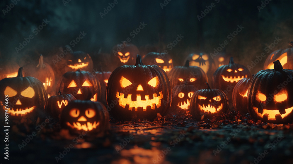 Spooky array of glowing jack-o'-lanterns illuminated on a dark Halloween night Spooky array of glowing jack-o'-lanterns illuminated on a dark Halloween night