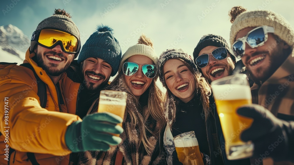 a group of young cheerful diverse men and women posing for a photo on the ski vacation in the mountains, drinking alcoholic beverages, wearing winter clothes, having much fun, celebrating a group of young cheerful diverse men and women posing for a photo on the ski vacation in the mountains, drinking alcoholic beverages, wearing winter clothes, having much fun, celebrating
