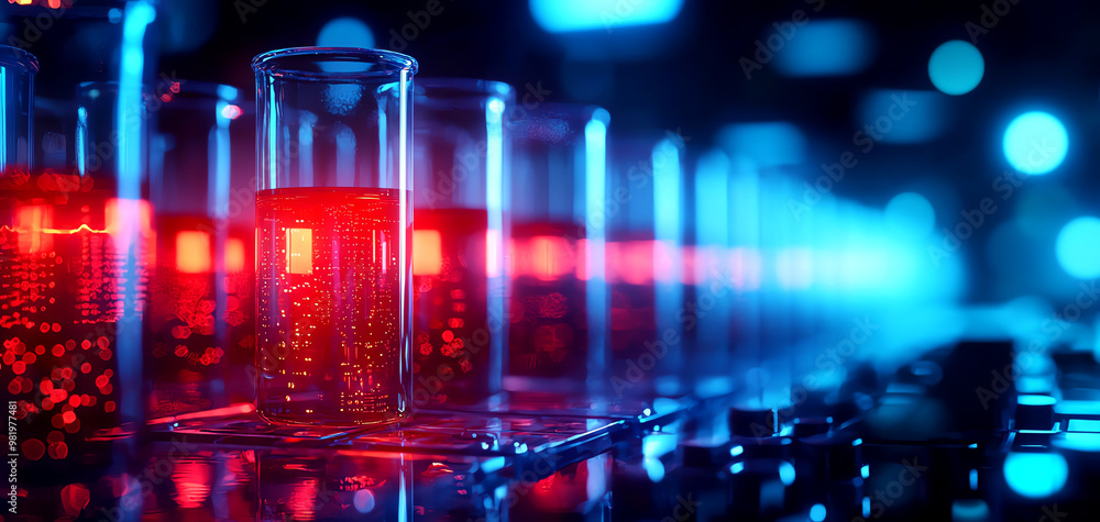 Science laboratory scene with glowing test tubes filled with red liquid, showcasing innovative research and experimentation. Science laboratory scene with glowing test tubes filled with red liquid, showcasing innovative research and experimentation.