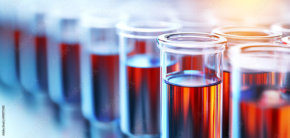 Close-up of test tubes filled with colorful liquid samples, showcasing a vibrant gradient of reds and oranges in a laboratory setting. Close-up of test tubes filled with colorful liquid samples, showcasing a vibrant gradient of reds and oranges in a laboratory setting.