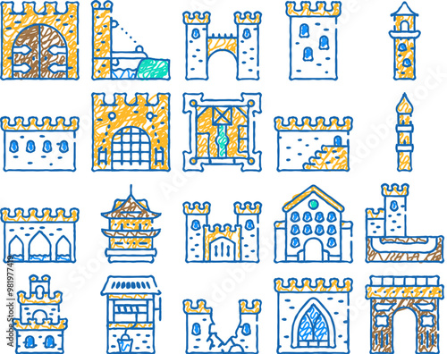 castle construction doodle icons set vector. sketch line art medieval castle goal and bridge, tower and wall, aqueduct and window, destroyed wall and arch color illustrations