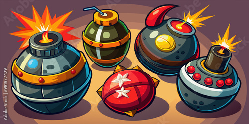 A collection of cartoon bombs with lit fuses and sparkling explosions, set against a warm, textured background, creates a playful yet suspenseful atmosphere